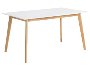 mesa rectangular MELINDA es de estilo nórdico, combinando sus patas en madera de color roble con un sobre en madera lacada en color blanco.
